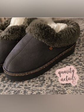 Joy Mangano Dark grey Fur-Lined Slip-On Shoes with Rhinestone Detail NIB NWT